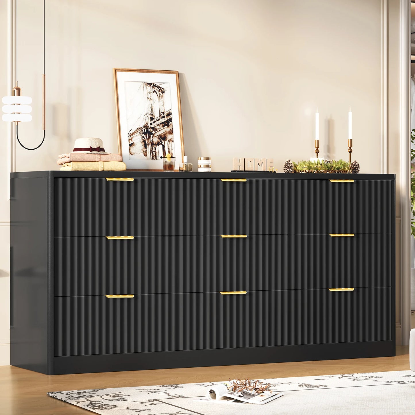 Modern Fluted Wood Dresser With 9 Drawers And Metal Handles