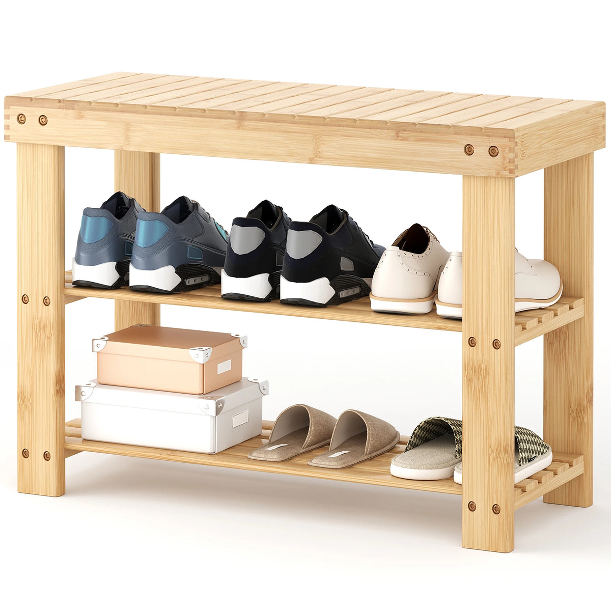 MCQ Three Tier Bamboo Shoe Cabinet With Bench