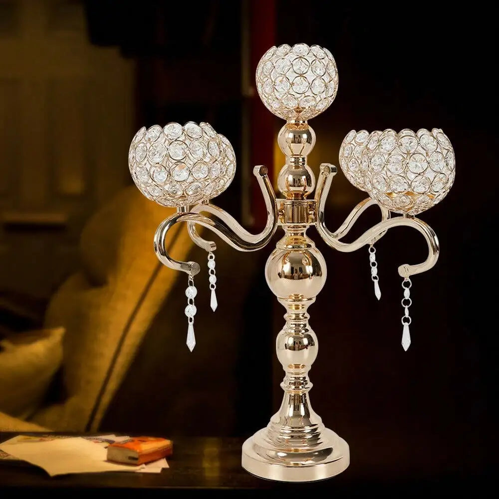 Gold Plated 5-Arm Crystal Tabletop Candle Holder, Electroplated Iron Glass Acrylic Candelabra With Stable Round Base, Modern Desktop Candle Stand For Wedding, Dinner Party, Home Decor & Holiday Housewarming Gift