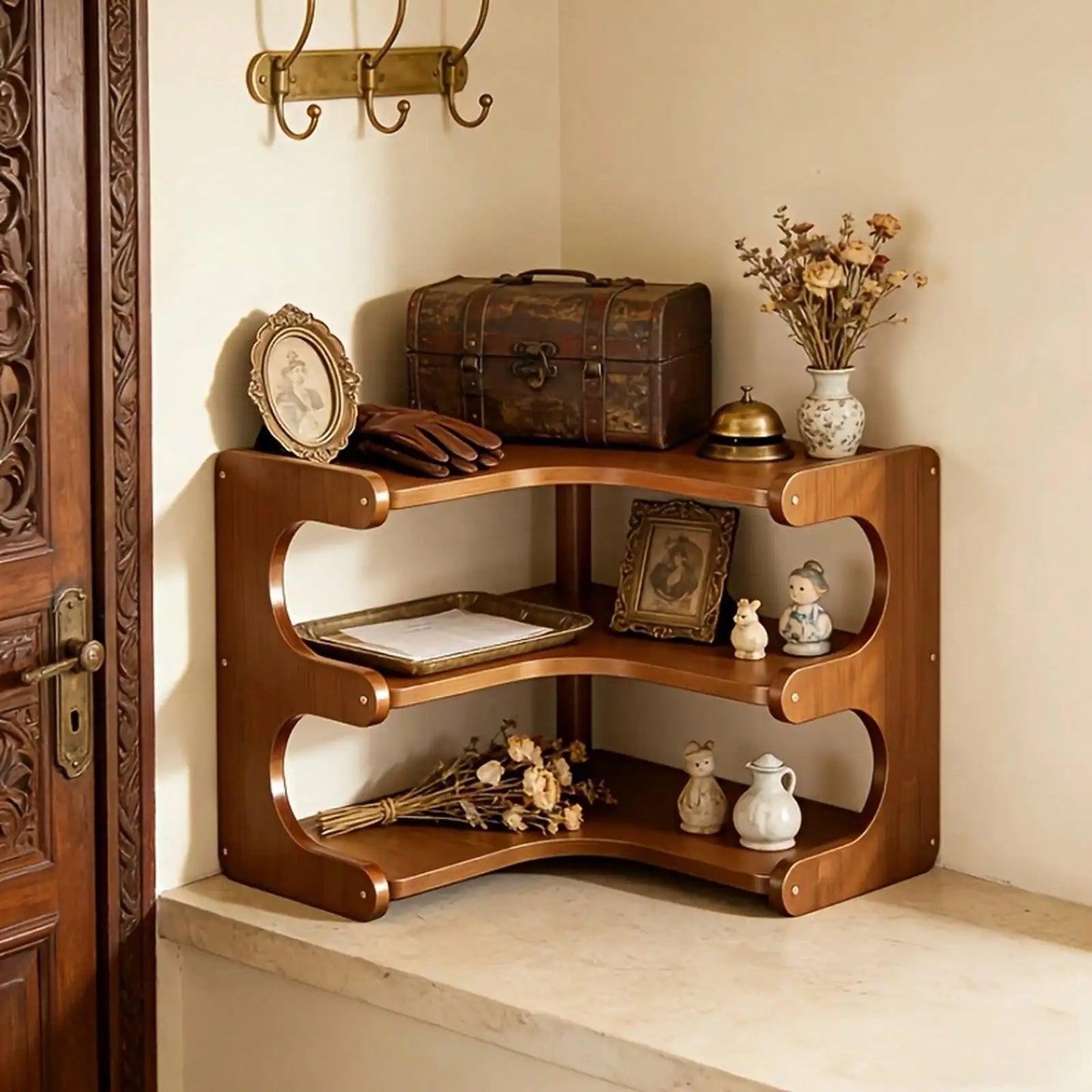 Freestanding Wood Corner Storage Rack