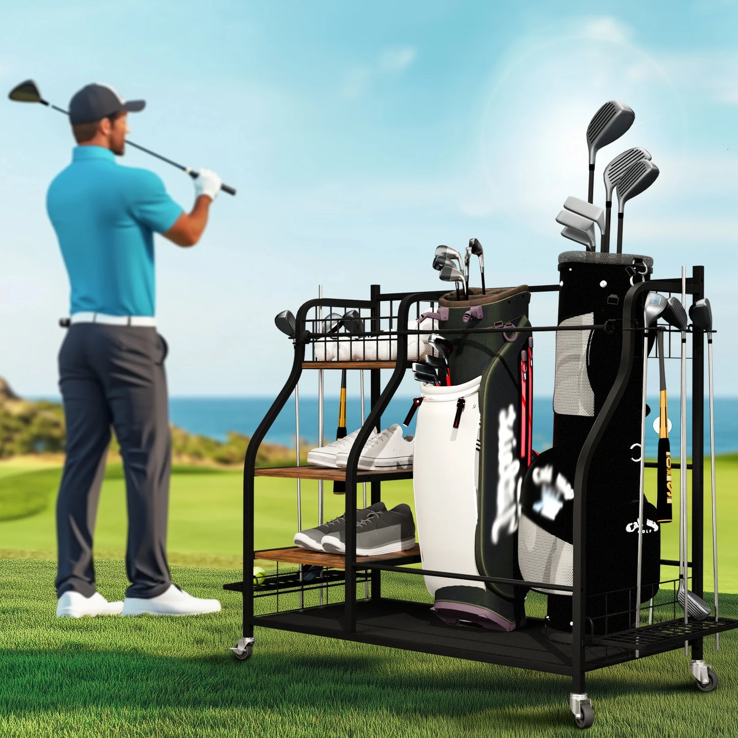 Metal Rolling Golf Bag Storage Rack With Wheels