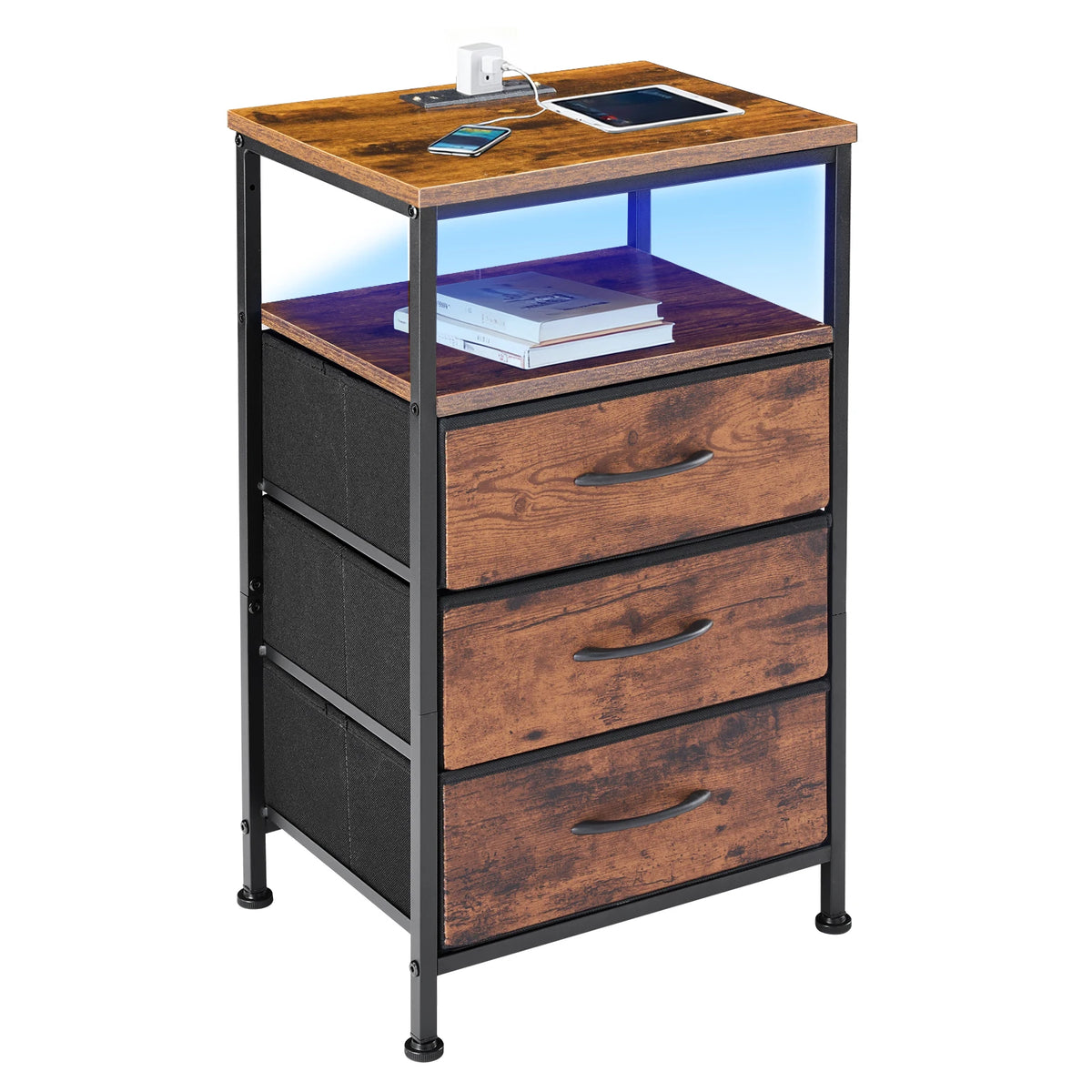 JHK Bedside Nightstand With Charging Station And Drawers