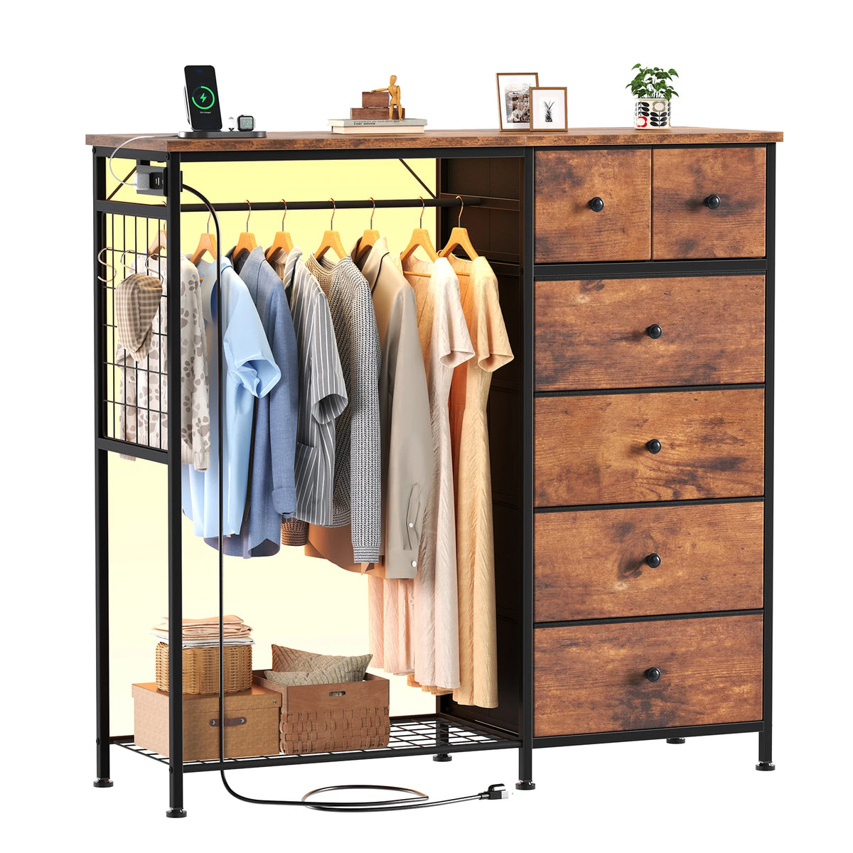 JHK Fabric Dresser With Charging Station And LED Lights