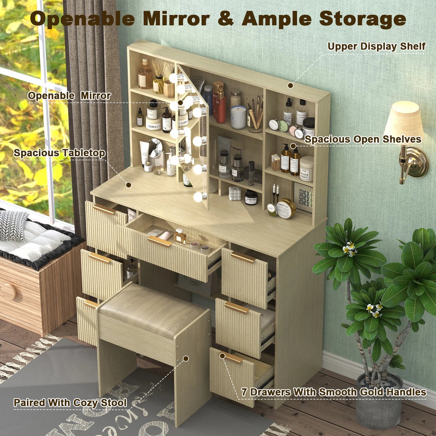 Teousev Makeup Vanity Desk With LED Mirror And Stool