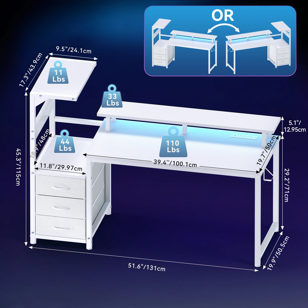 JHK Gaming Desk With Storage Drawers And LED Lights
