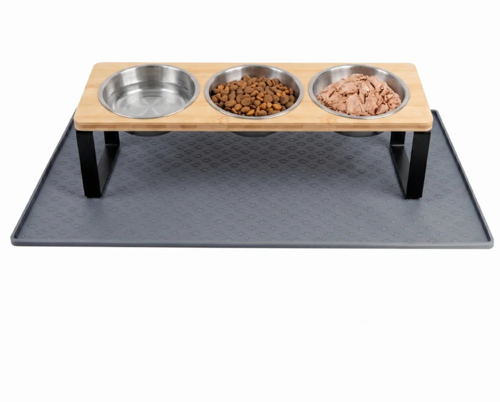 Elevated Cat Feeder With 3 Bowls And Tilted Bamboo Stand