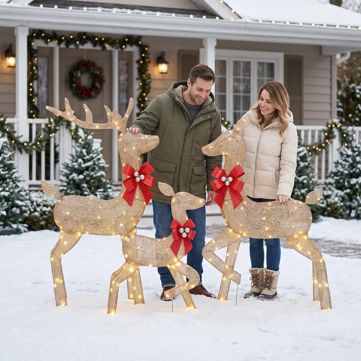 HiMISS Lighted Christmas Deer Family Decoration Set