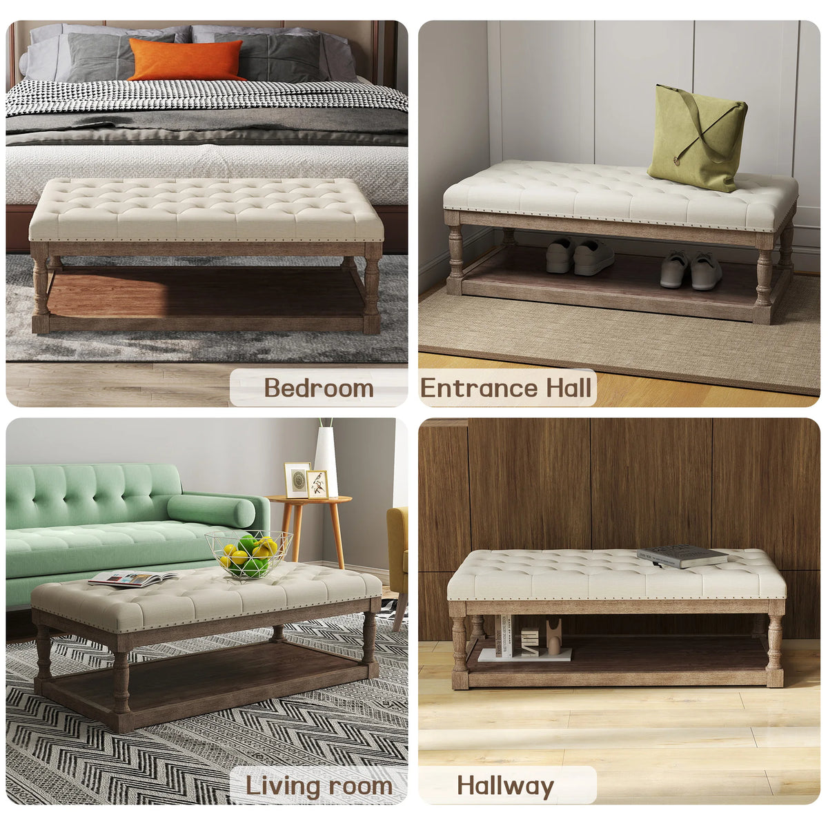 Tufted Upholstered Ottoman Bench With Storage Shelf