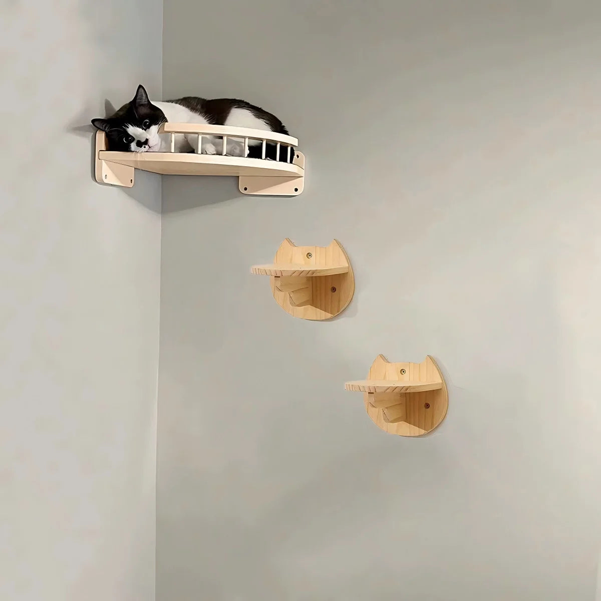 CWV Corner Pine Wood Wall Mounted Cat Hammock Steps