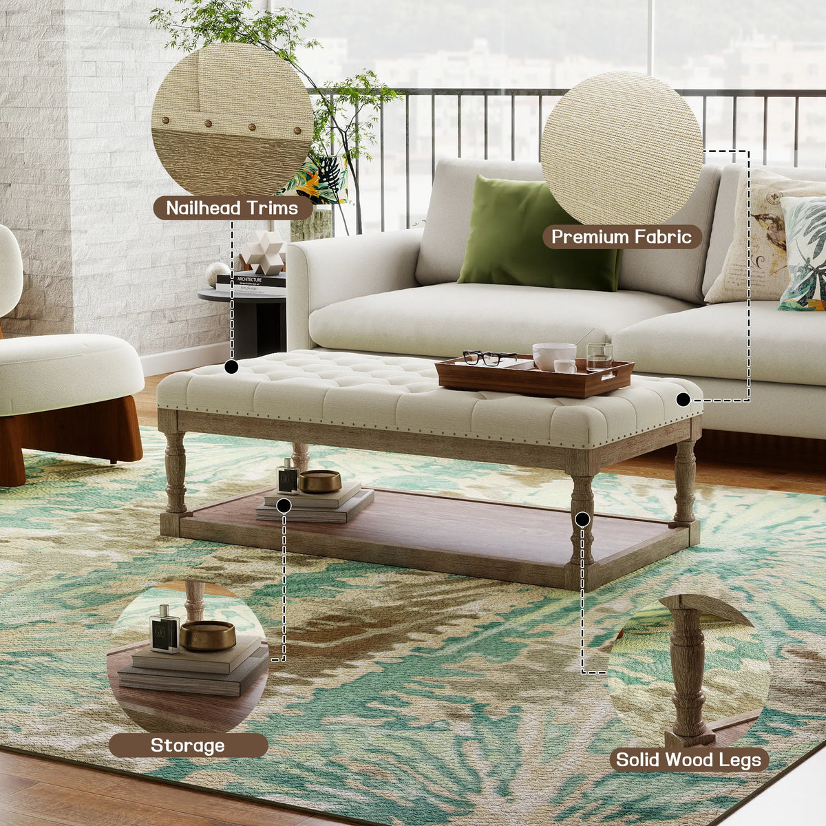 Tufted Upholstered Ottoman Bench With Storage Shelf