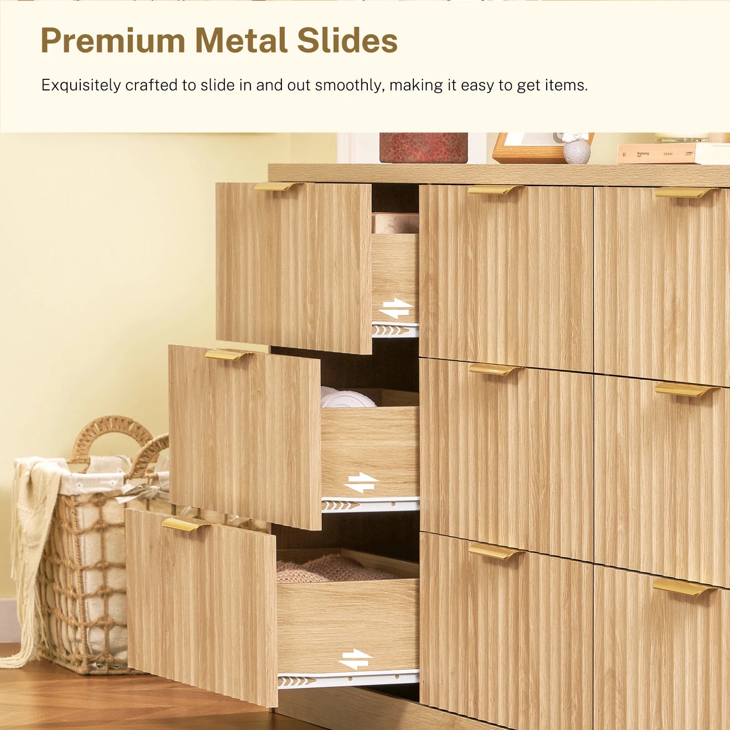 Modern Fluted Wood Dresser With 9 Drawers And Metal Handles