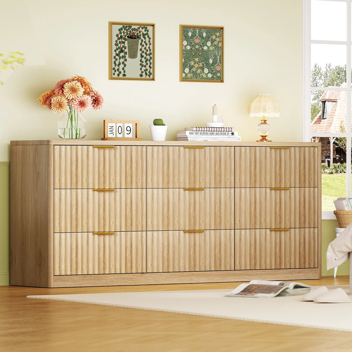 Modern Fluted Wood Dresser With 9 Drawers And Metal Handles