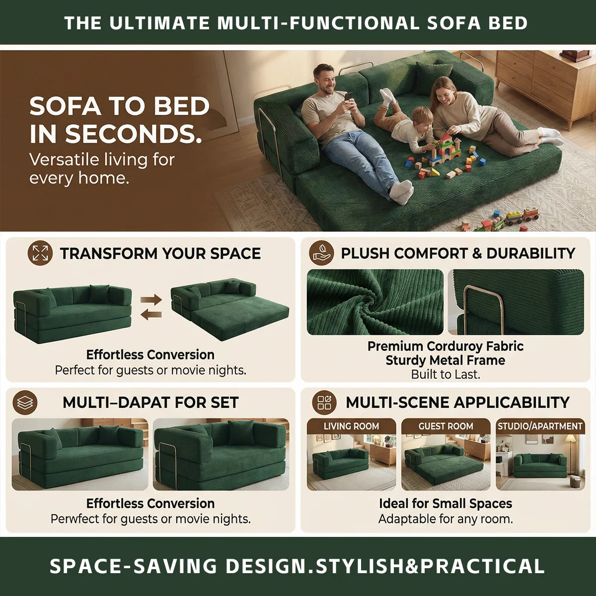 YQzyphyna Futon Sofa Bed 4 In 1 Convertible Couch