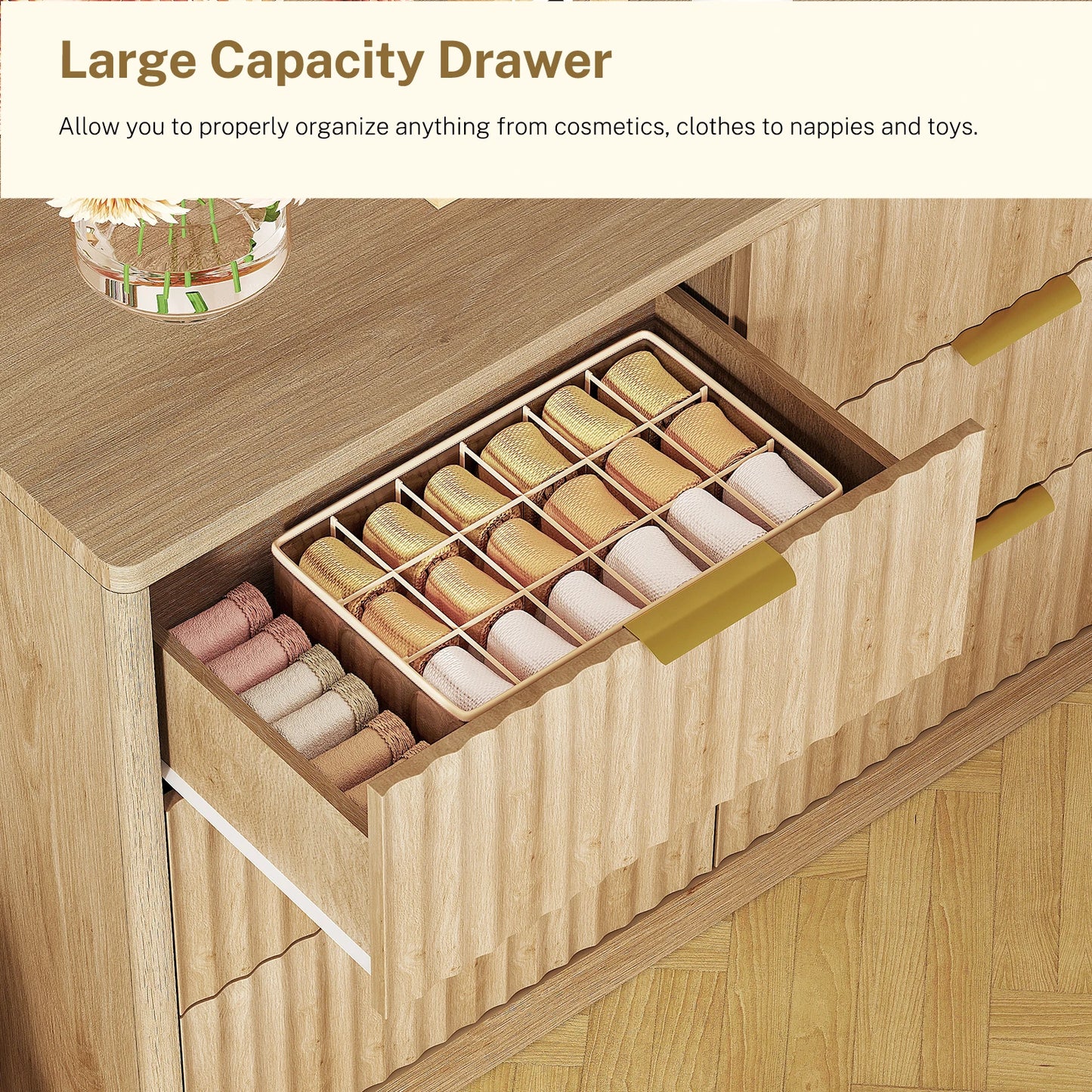 Modern Fluted Wood Dresser With 9 Drawers And Metal Handles