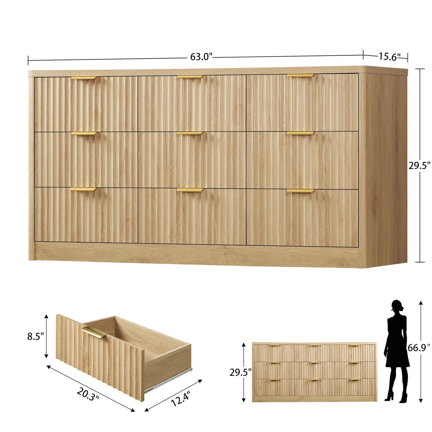 Modern Fluted Wood Dresser With 9 Drawers And Metal Handles