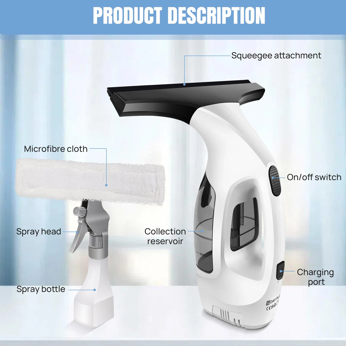 DayPlus Cordless Electric Window Vacuum Squeegee