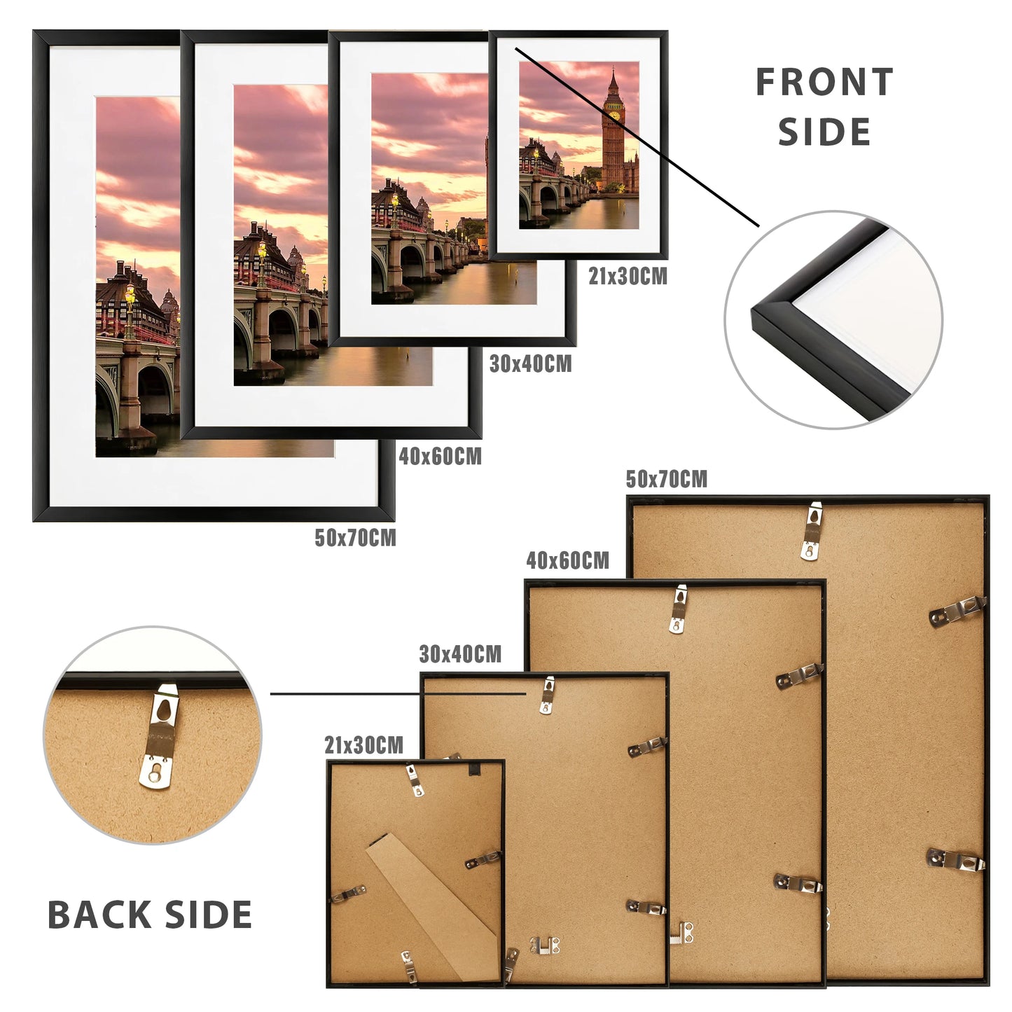 Black Aluminum Picture Frame Set With Mat 30x40 40x50 50x70