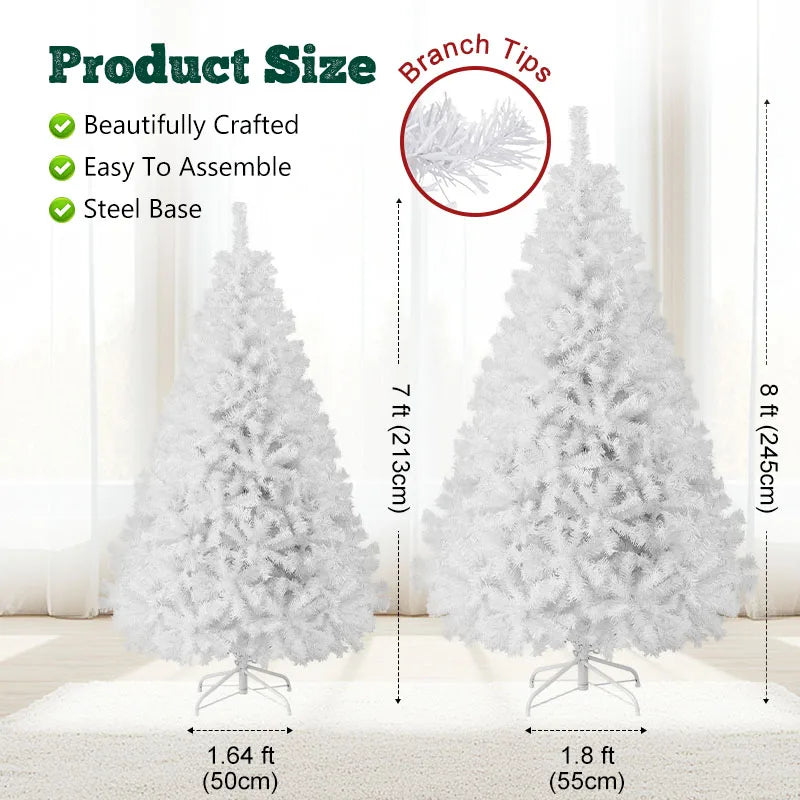 7ft/8ft Artificial Christmas Tree with Snow Flocked  Xmas Tree W/1000 Branch Tips, Foldable Metal Stand, White
