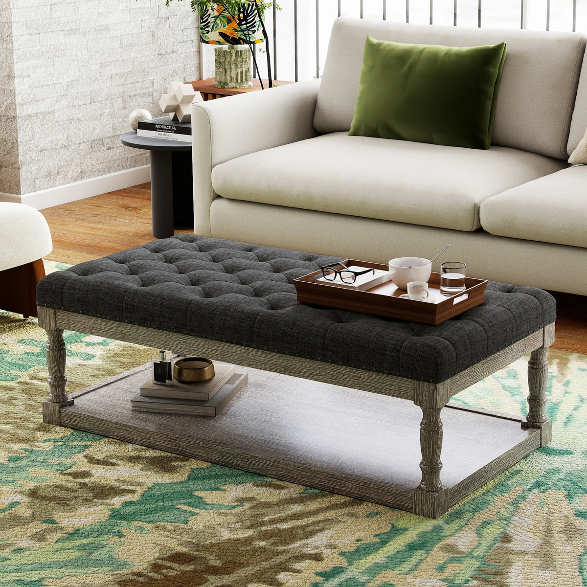 Tufted Upholstered Ottoman Bench With Storage Shelf