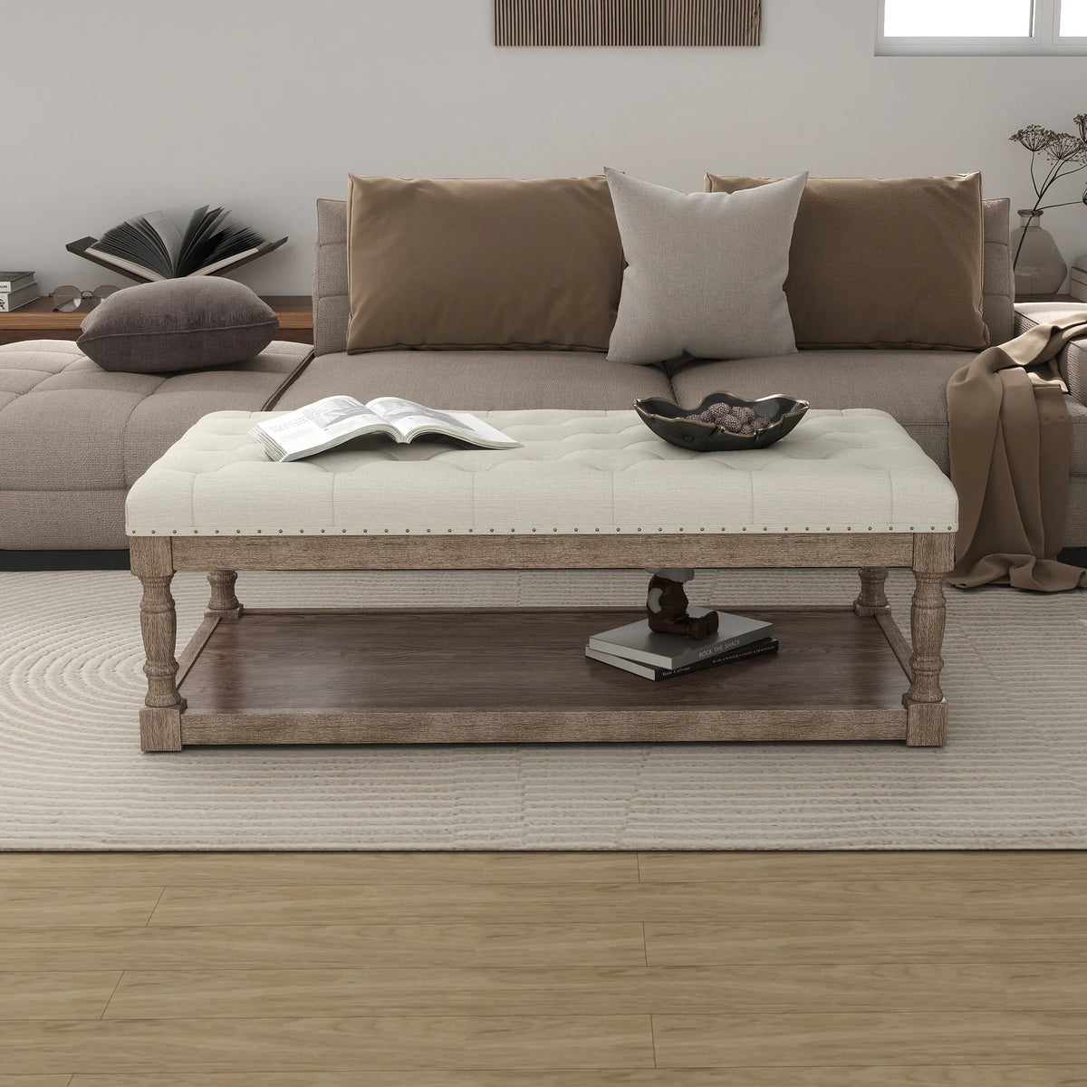 Tufted Upholstered Ottoman Bench With Storage Shelf