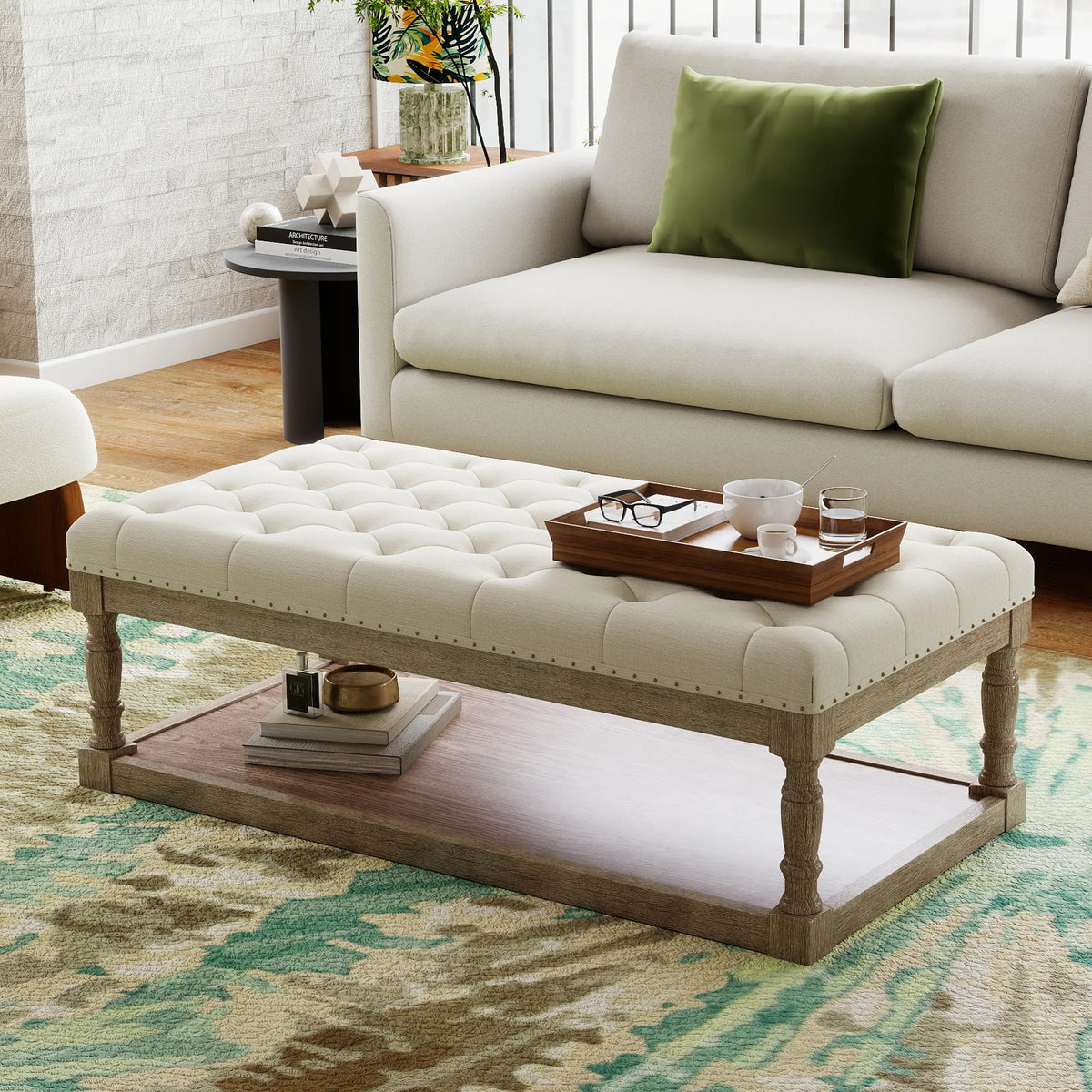 Tufted Upholstered Ottoman Bench With Storage Shelf