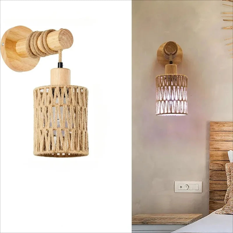 JOYINLED Hemp Rope Cylindrical Wall Lamp For Bedroom