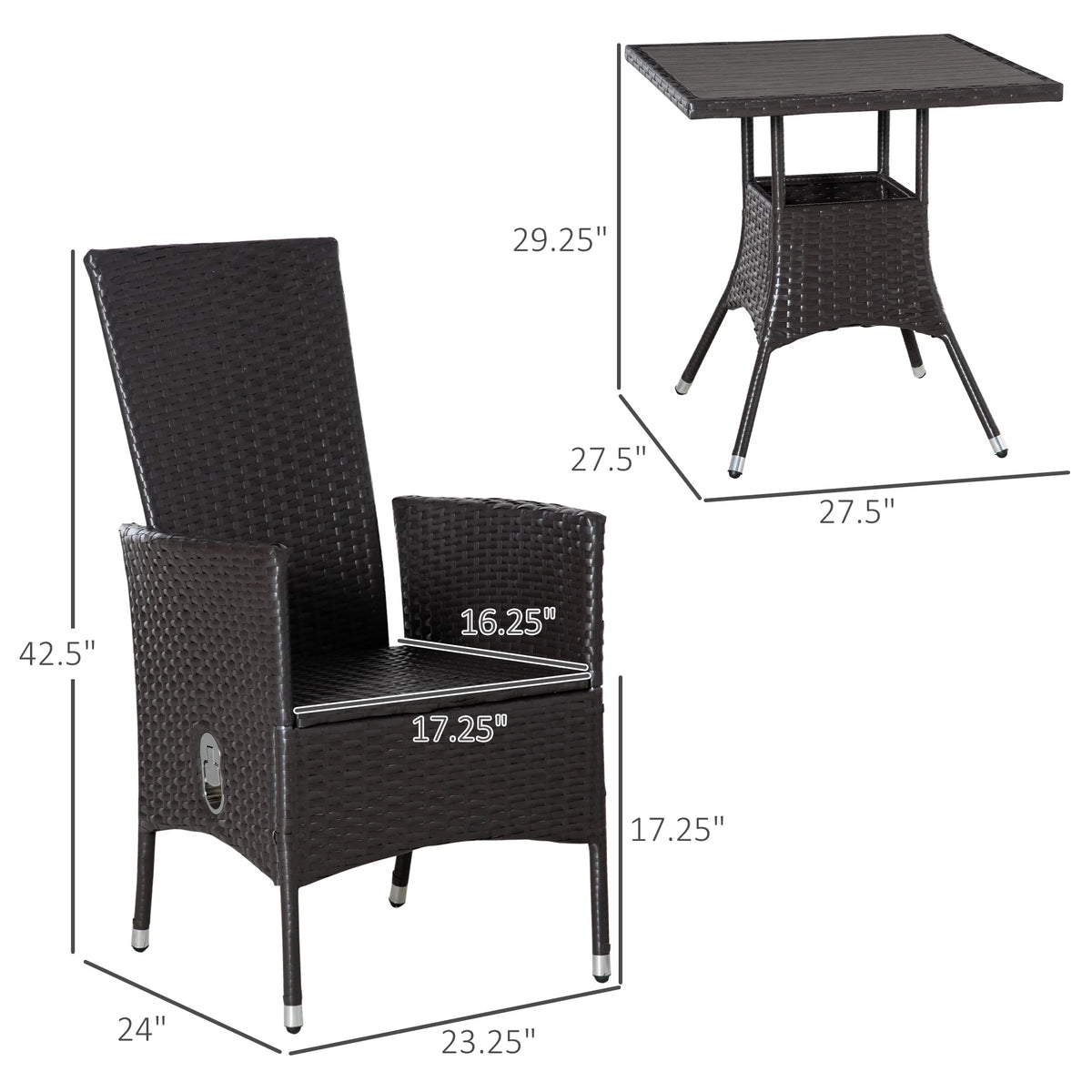 Outsunny Wicker Patio Reclining Chair Set With Table
