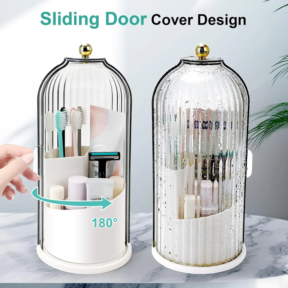 Sliding Lid Rotating Toothbrush Holder Organizer for Bathroom