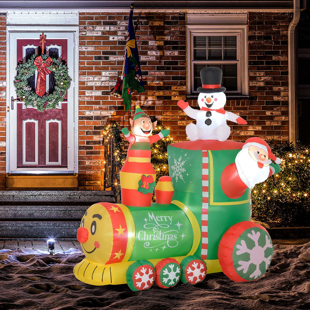 Outsunny 6FT Christmas Inflatables Train, Santa Claus and Snowman Drive Train Blow-Up Outdoor Christmas Decorations with White LED Lights, for Lawn Garden Party