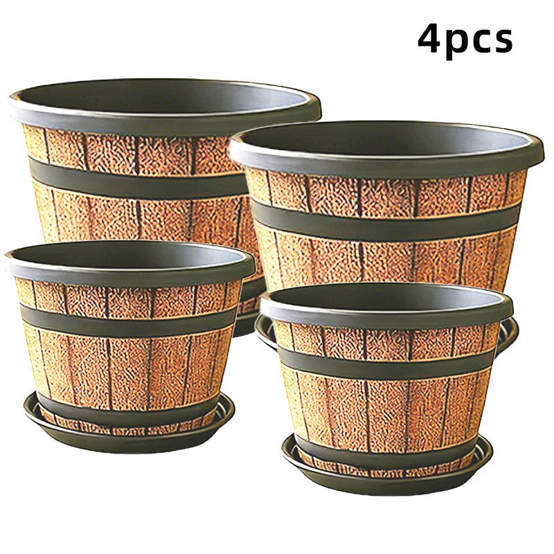 Resin Wooden Barrel Plant Planter For Indoor Balcony Decor