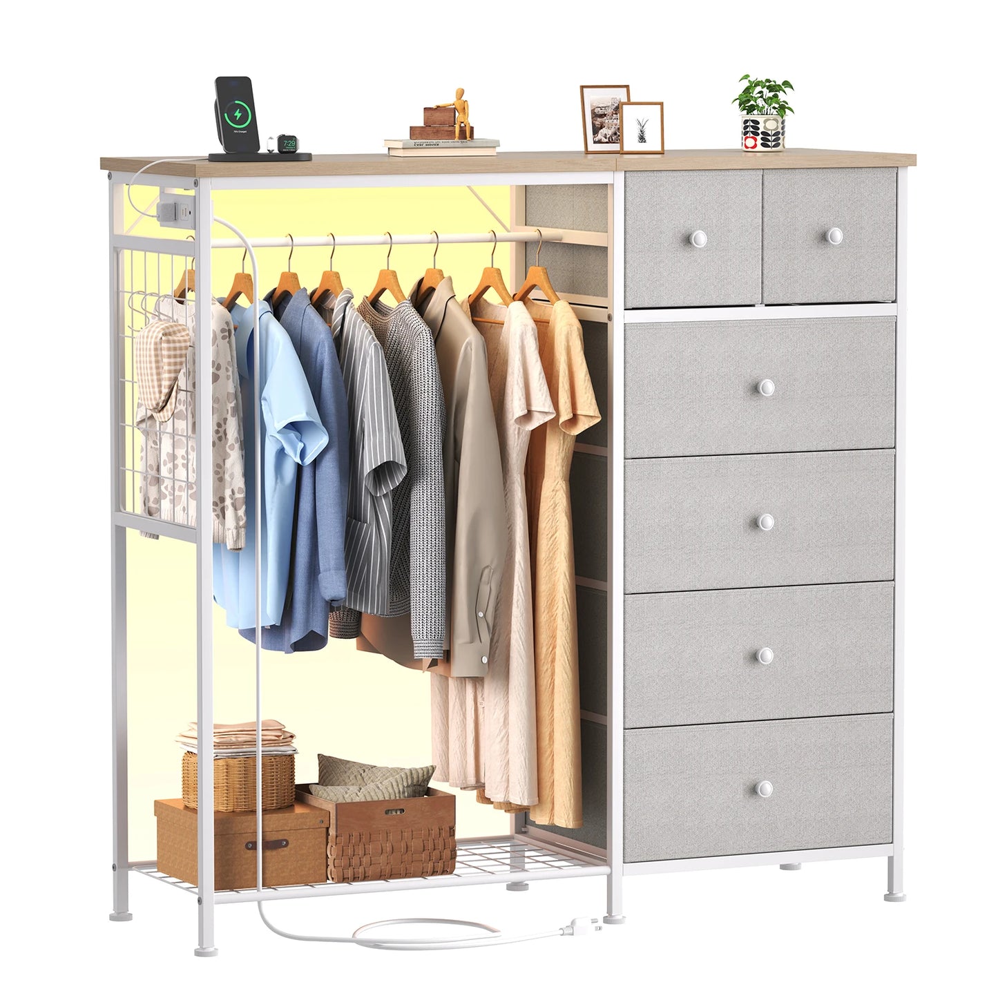 JHK Fabric Dresser With Charging Station And LED Lights