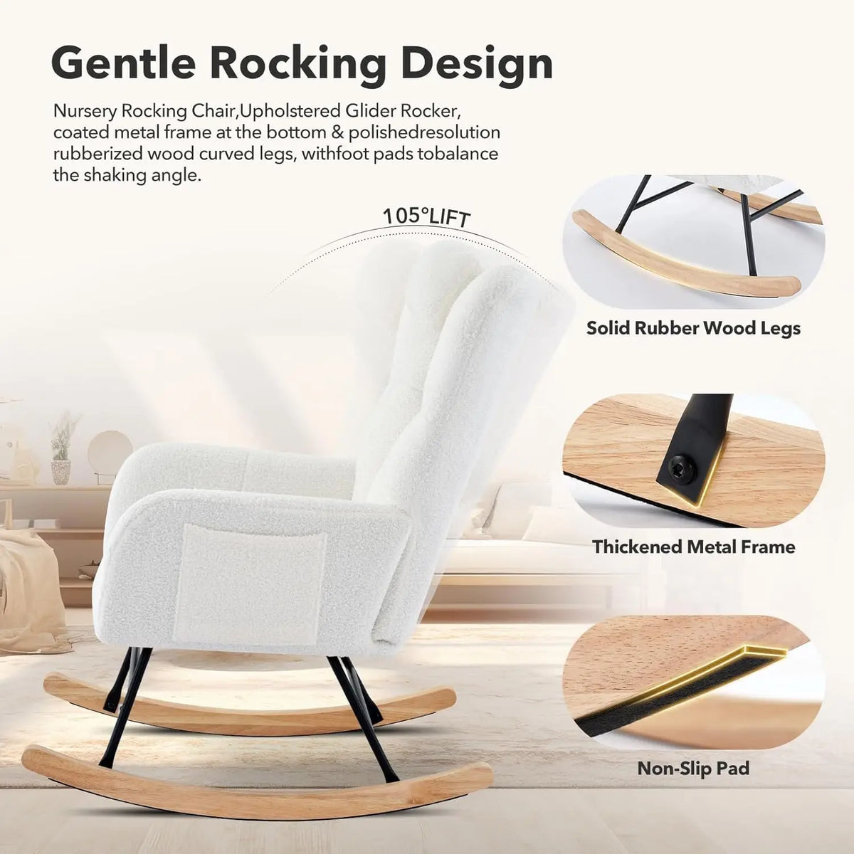 Studyset Modern Upholstered Nursery Rocking Chair Pocket