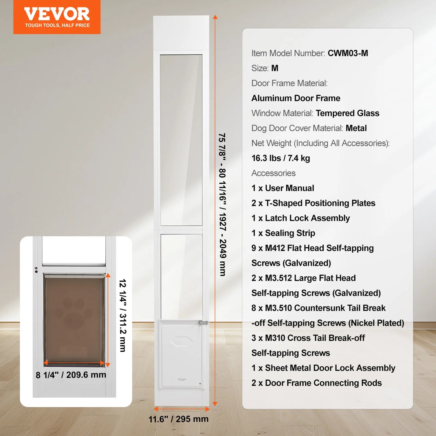 Adjustable Height Sliding Glass Dog Door Aluminum Frame