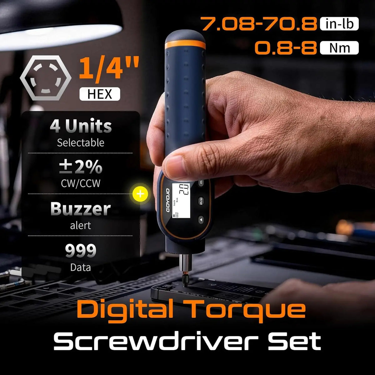 GOYOJO Digital Torque Screwdriver 7.08–70.8 In-lb / 0.8–8 Nm, 1/4' Adjustable Torque Screwdriver Set with Buzzer & Magnetic Bits, 999 Data Storage, for Gunsmithing, Electronics, and Mounting