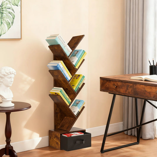 JHK Geometric Wooden Tree Bookshelf With Drawer