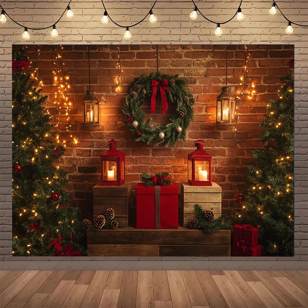 Christmas Background Happy New Year Party Xmas Tree Brick Wall Decoration Adult Children Portrait Photo Backdrop Banner