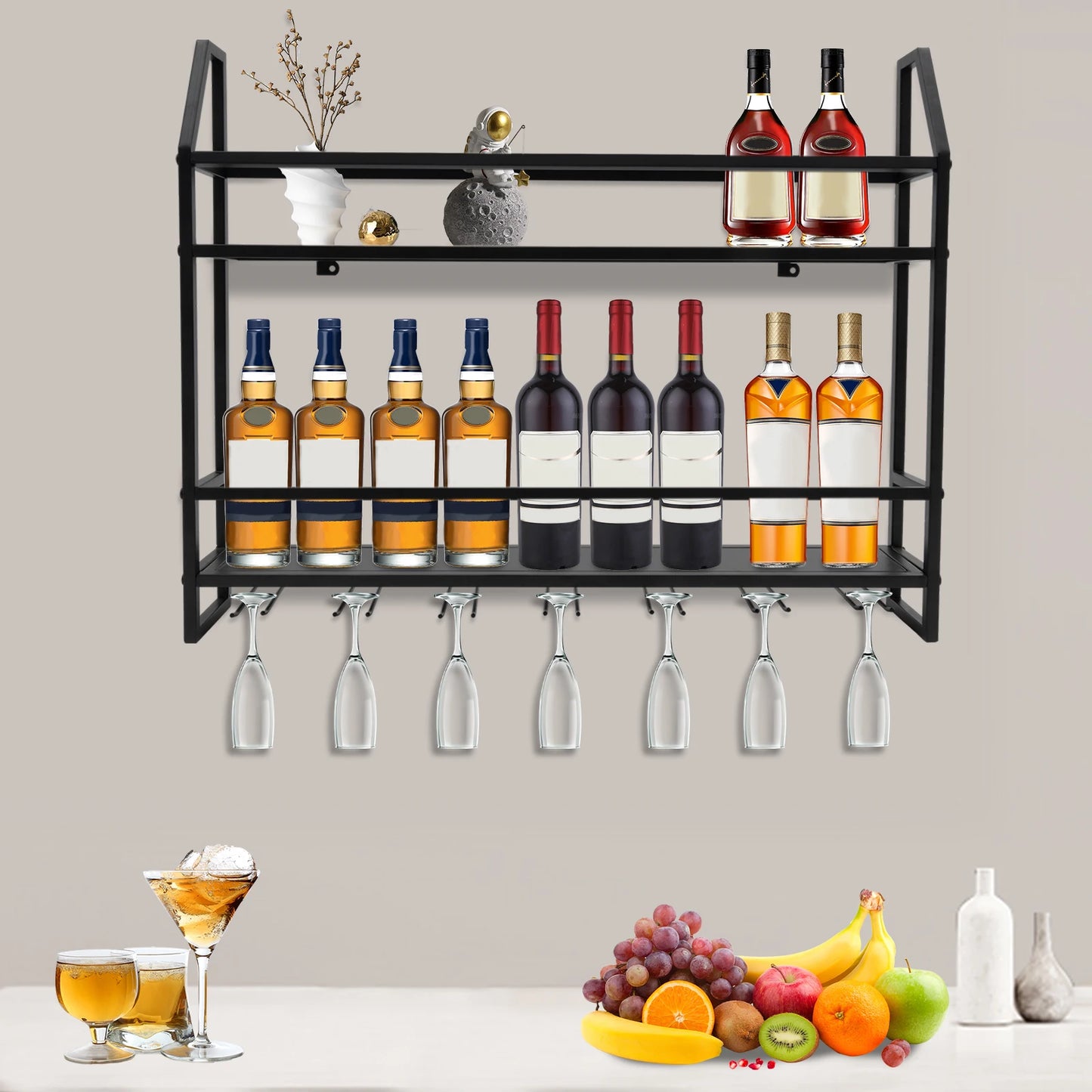 Wall Mounted Wine Rack With Goblet Holder And Shelf