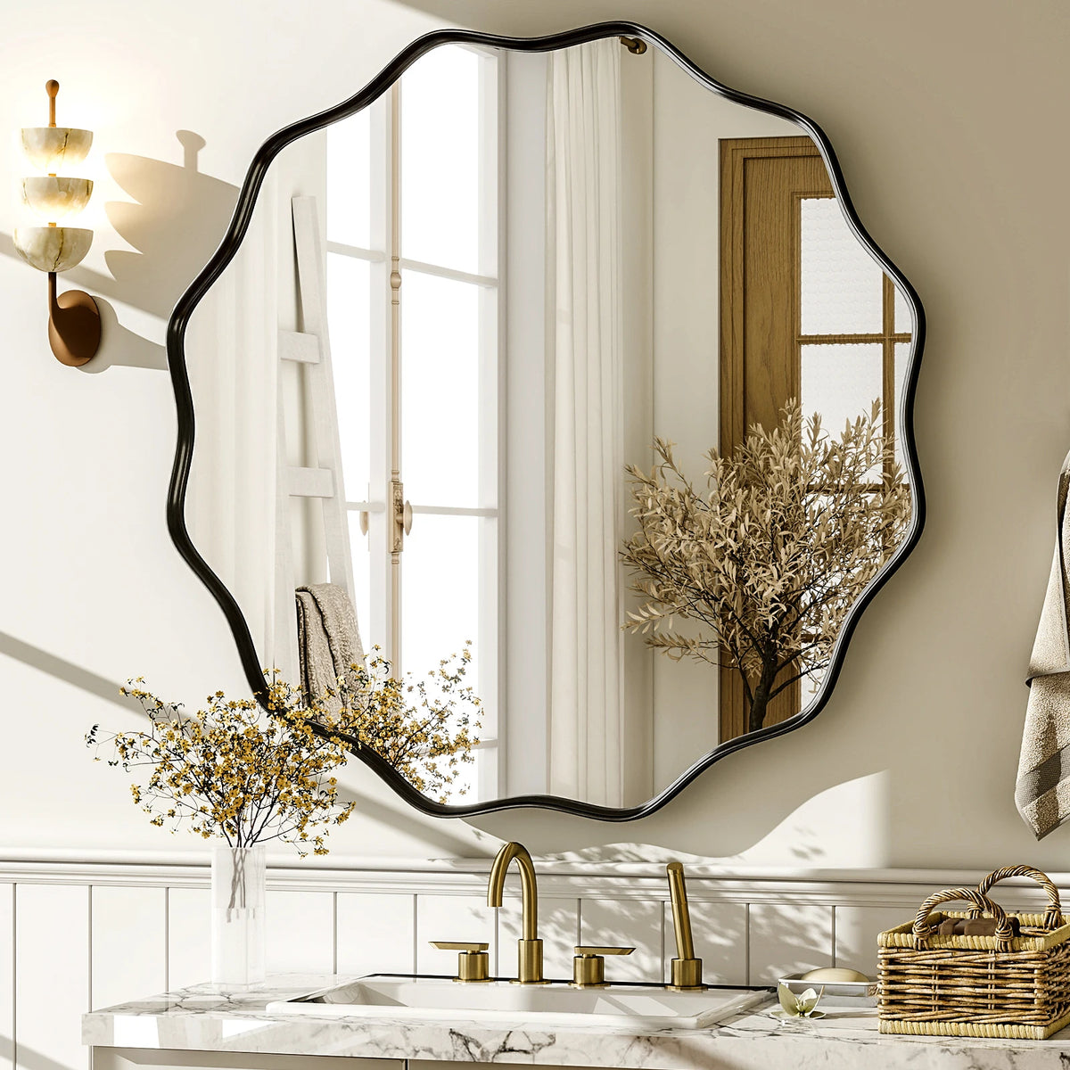 Wavy Round Bathroom Mirror Decorative Wall Mirror with Deep Frame