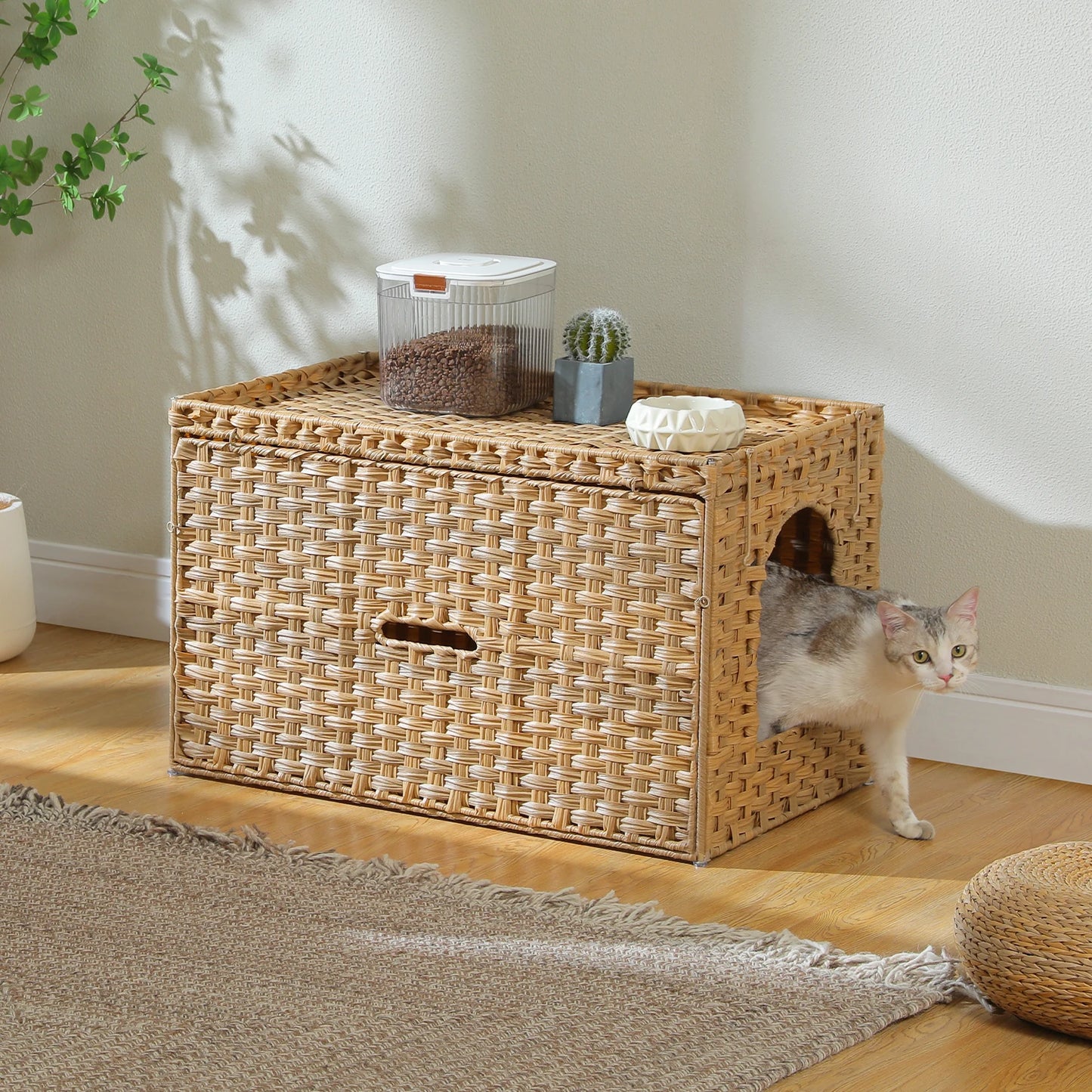 PEQULTI Rattan Cat Litter Box Enclosure With Flip Up Door