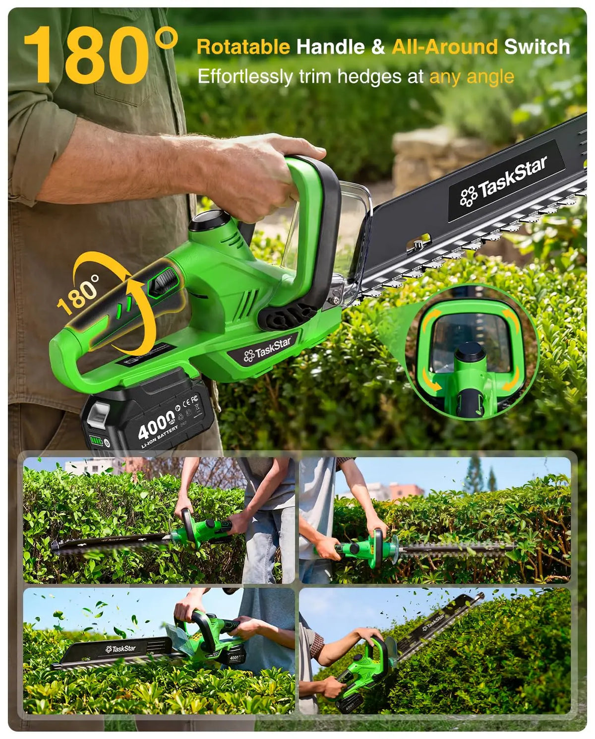 TaskStar 22" Electric Hedge Trimmer with 180° Rotatable Handle & Debris Remover & 550mm SK5 Dual Edge Blade 20V Cordless Hedge Clippers for Shrub Trimming with 2 4.0Ah Batteries