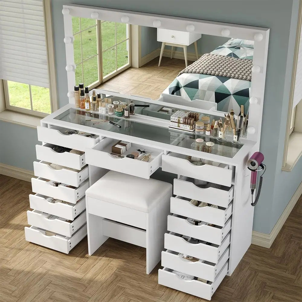 Hollywood Style Vanity Desk With Mirror And Lights 6 Drawers