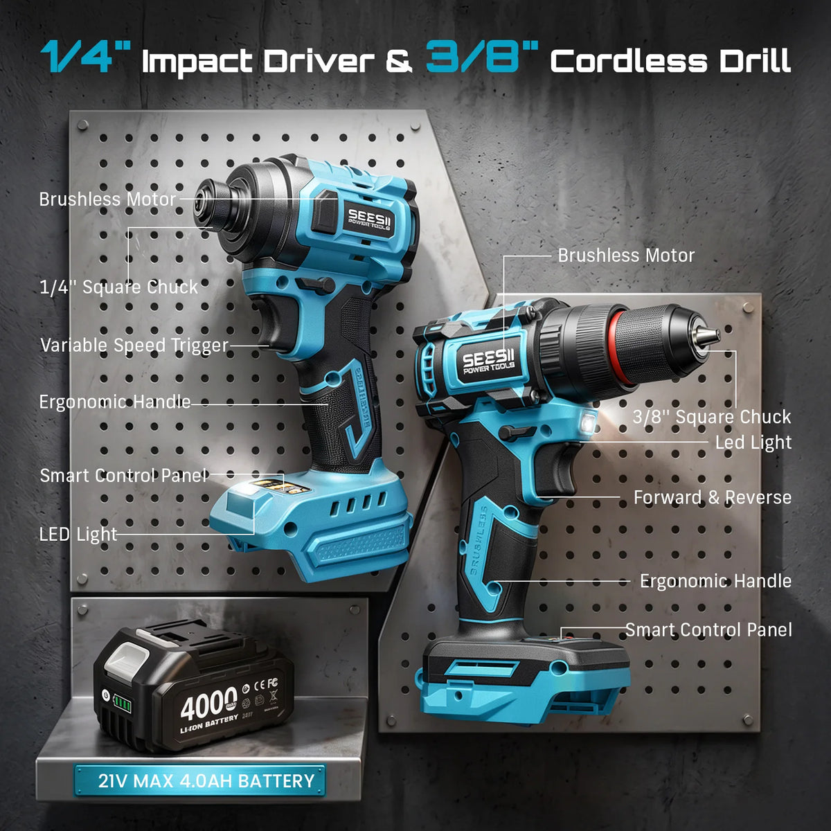 Seesii Brushless Cordless Drill And Impact Driver Kit