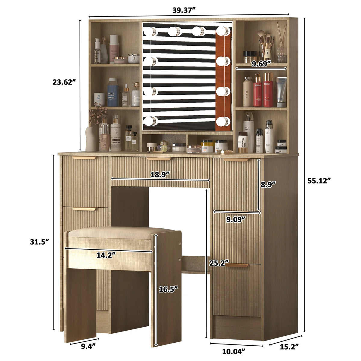Teousev Makeup Vanity Desk With LED Mirror And Stool