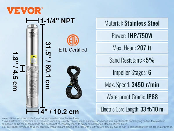 SucceBuy Stainless Steel Deep Well Submersible Pump