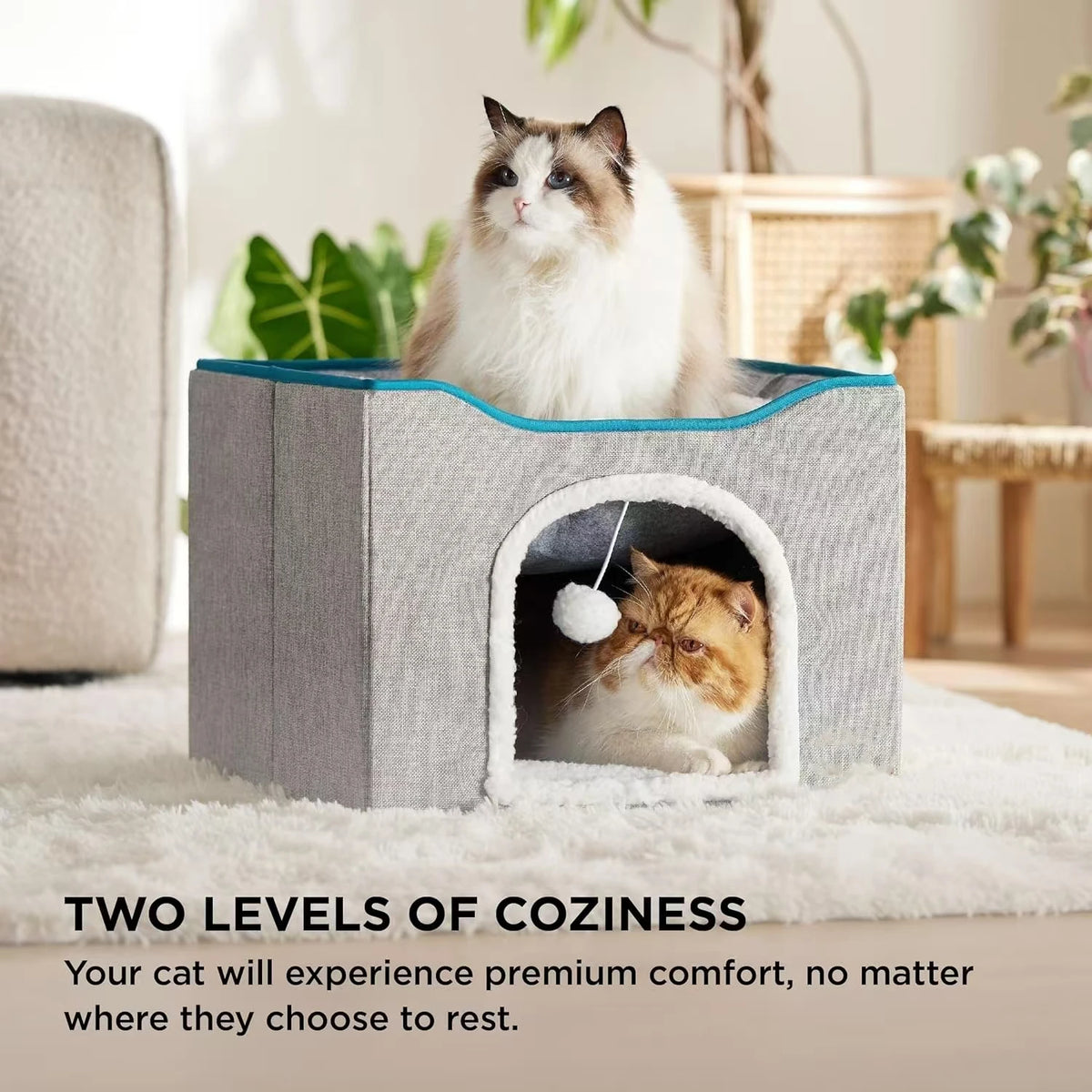 Foldable Cat Cave Bed With Scratching Pad And Fluffy Ball