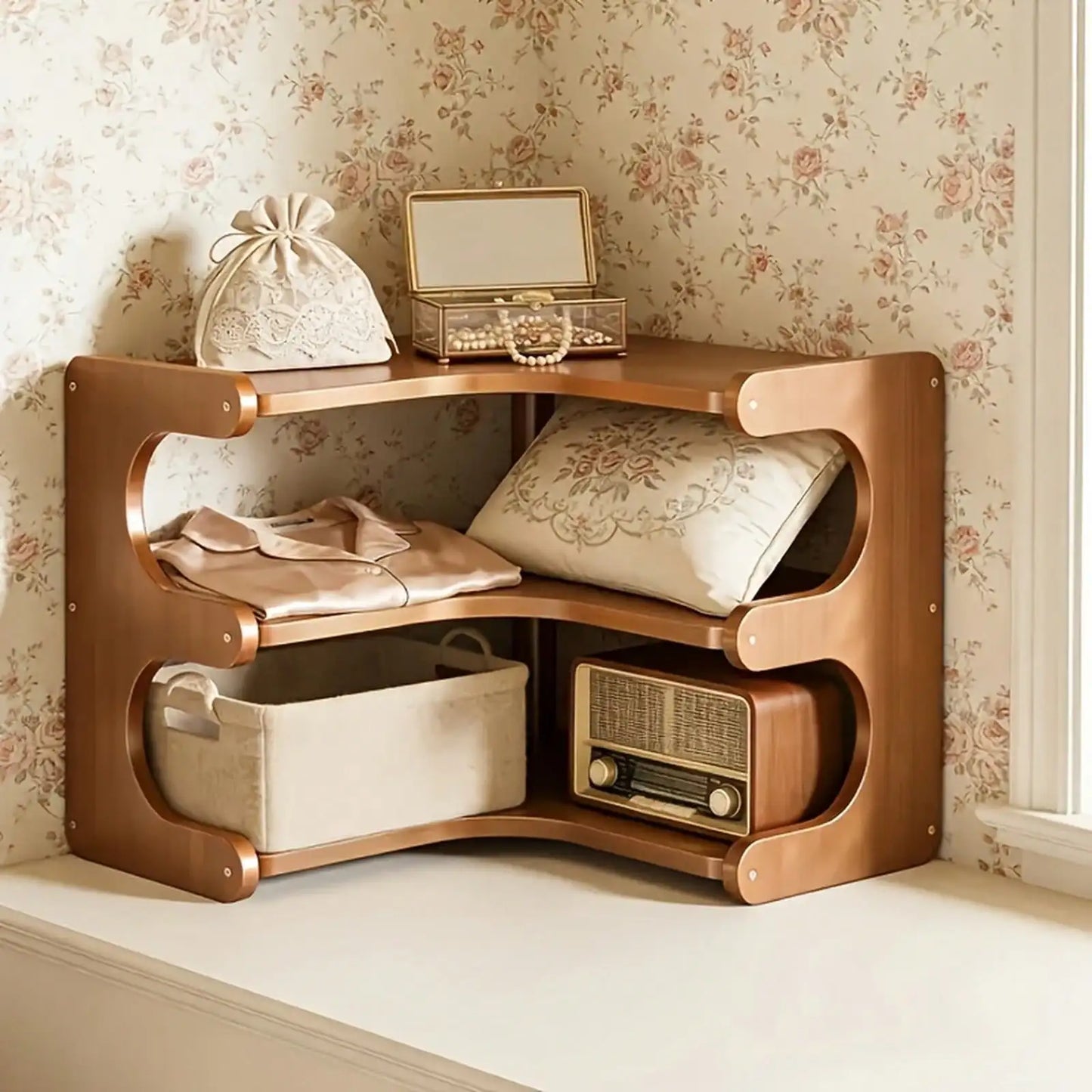 Freestanding Wood Corner Storage Rack