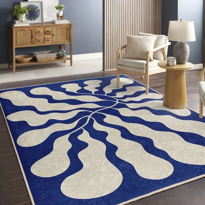 Flowing Blue Ripple Area Rug Abstract Organic Design Modern Square Carpet  Home Accent
