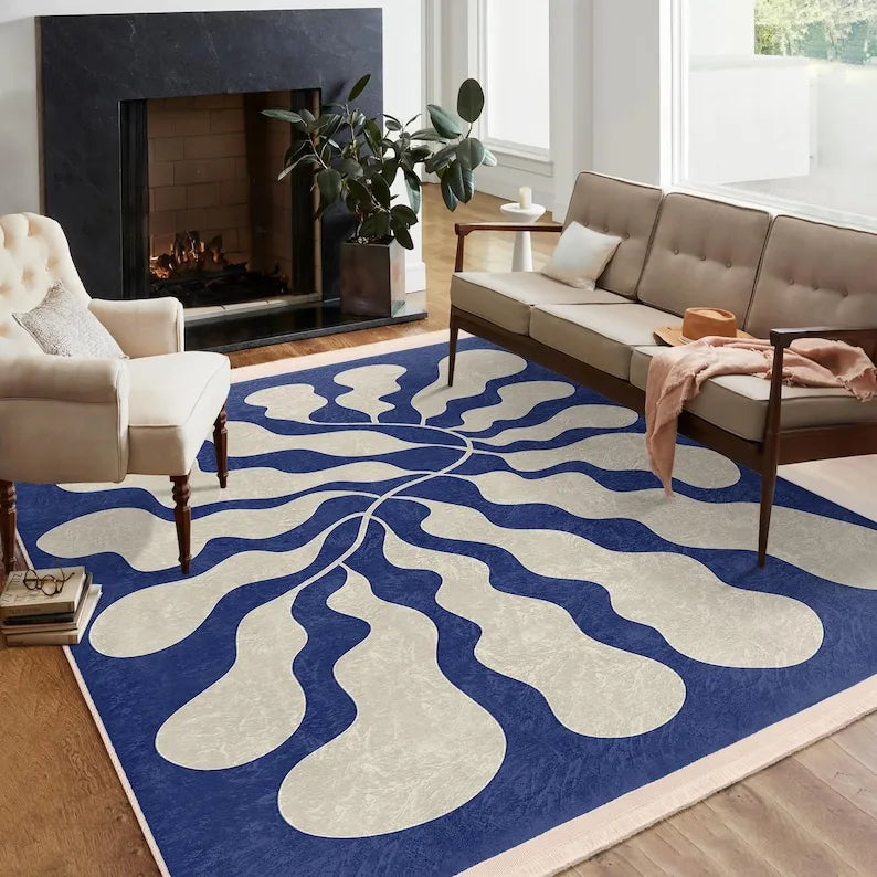 Flowing Blue Ripple Area Rug Abstract Organic Design Modern Square Carpet  Home Accent