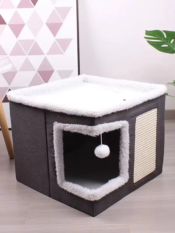 Foldable Cat Cave Bed With Scratching Pad And Fluffy Ball