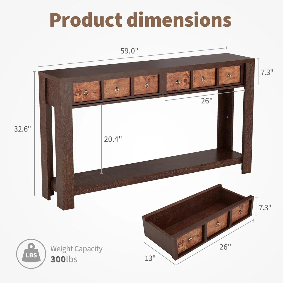 Farmhouse Wooden Console Table With Drawers And Shelf
